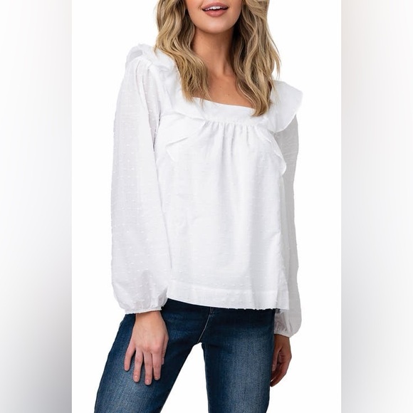 GibsonLook Square Ruffle Long Sleeve Blouse White - Picture 1 of 5